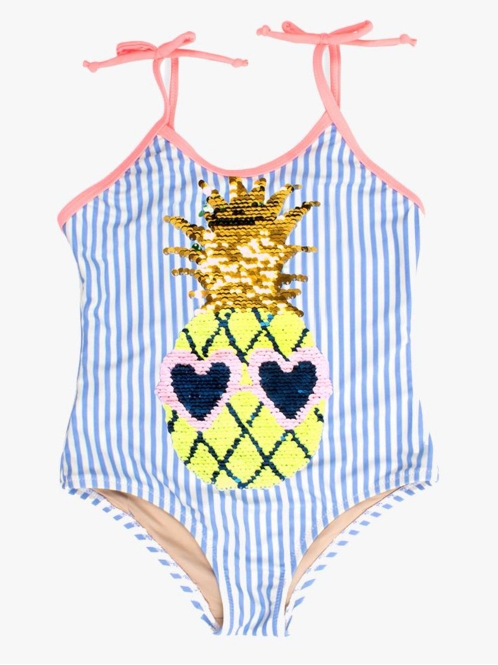 Shade Critters Girls` Blue Pinstripe One Piece reverse sequin Swimsuit. Size 6/7